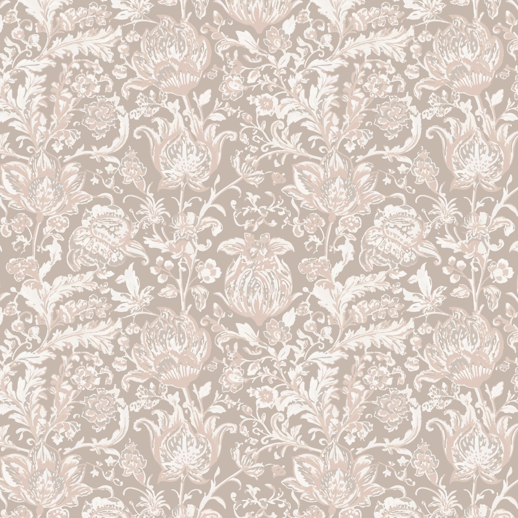 floral wallpaper pattern with intricate white and beige flowers and foliage on a neutral background, suitable for home decor