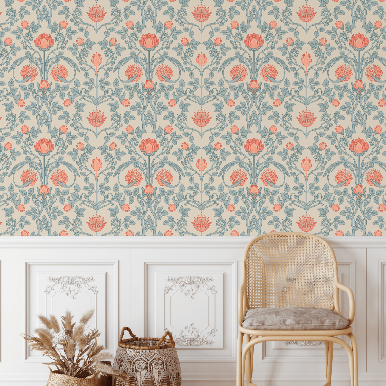 Enchanted Flowers self adhesive wallpaper with blue and orange colours