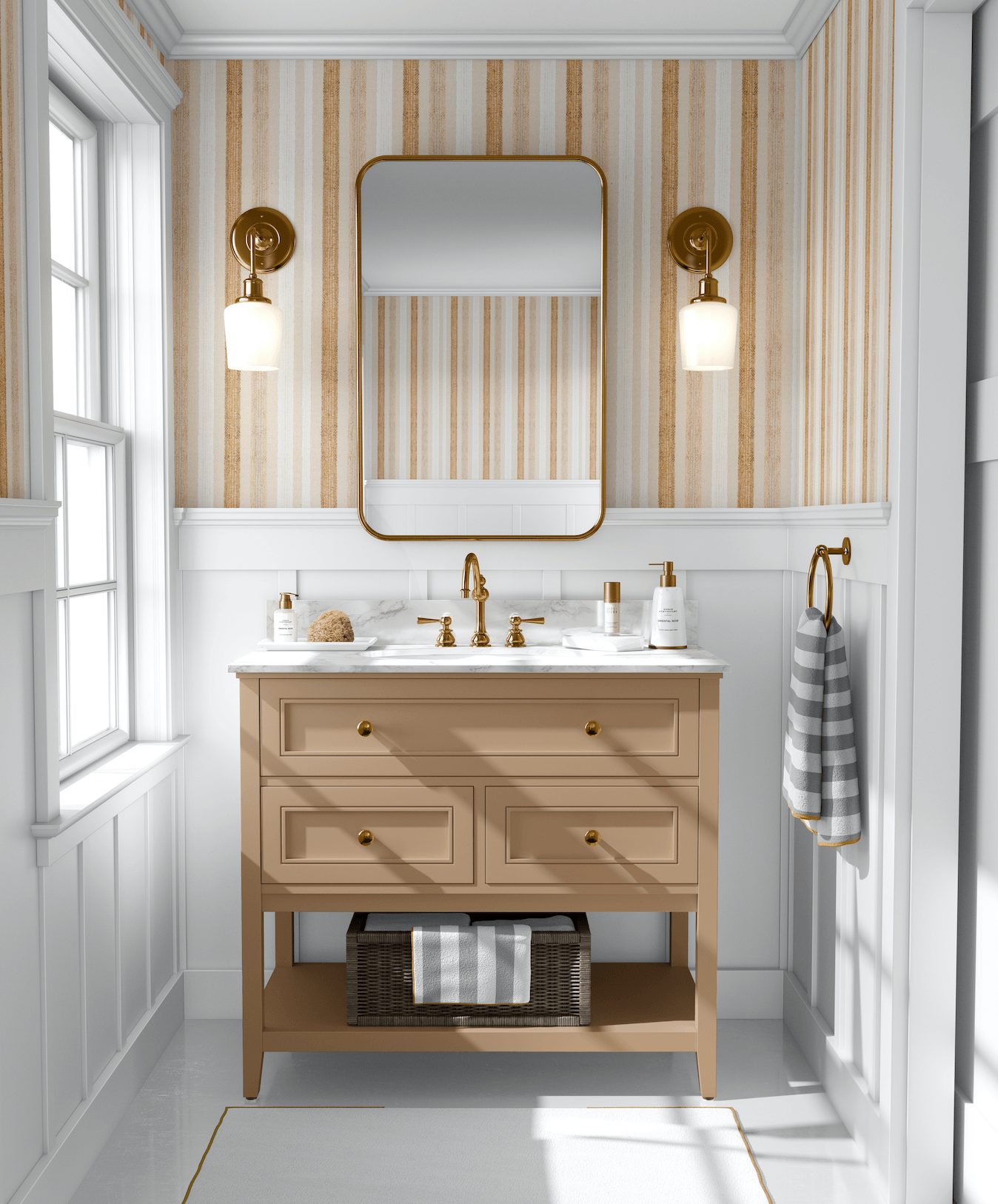 english striped wall paper in bathroom with brown vanity and gold mirror
