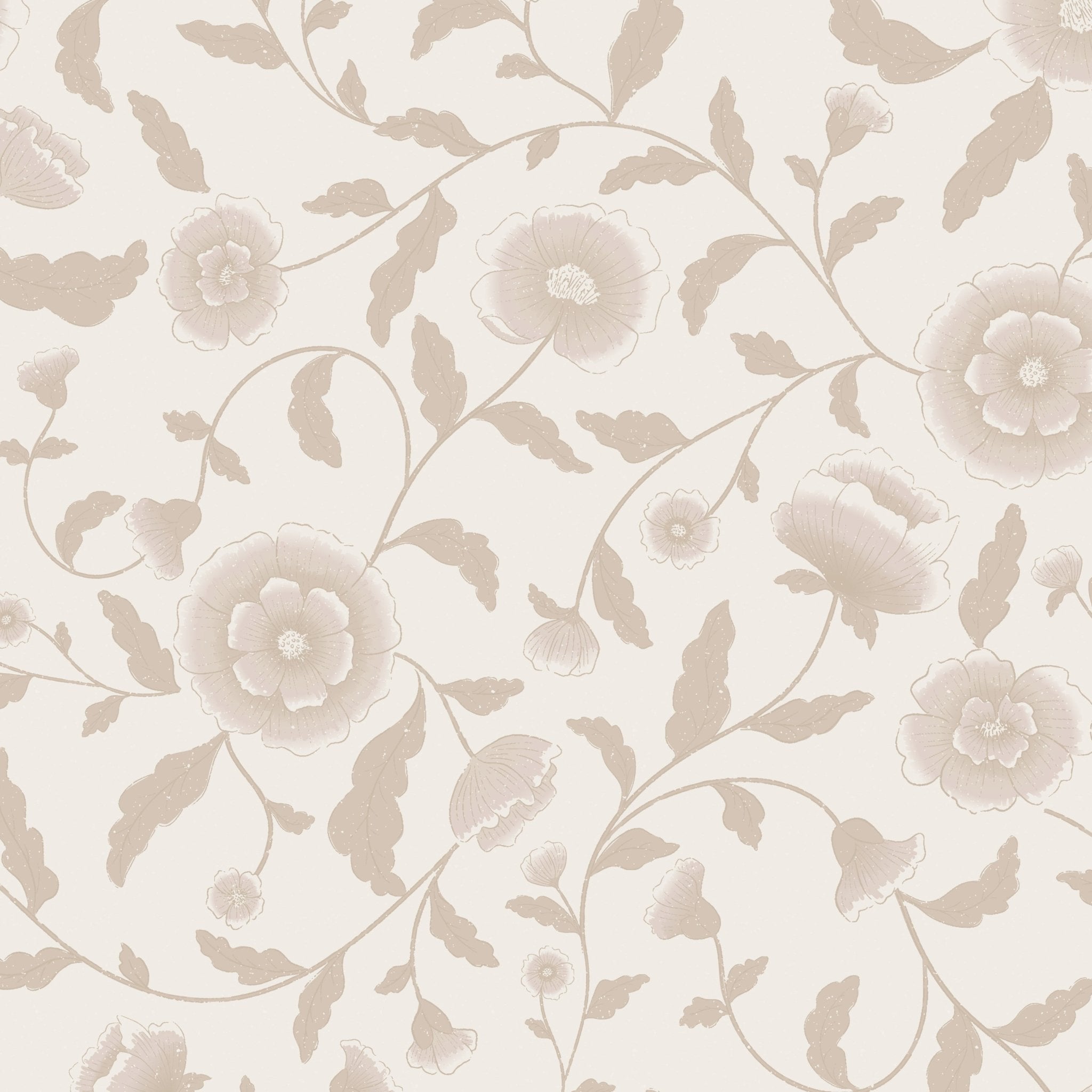 Classic floral wallpaper with faded blush flowers and taupe leaves on a light beige background, exuding a vintage elegance and soft, romantic ambiance