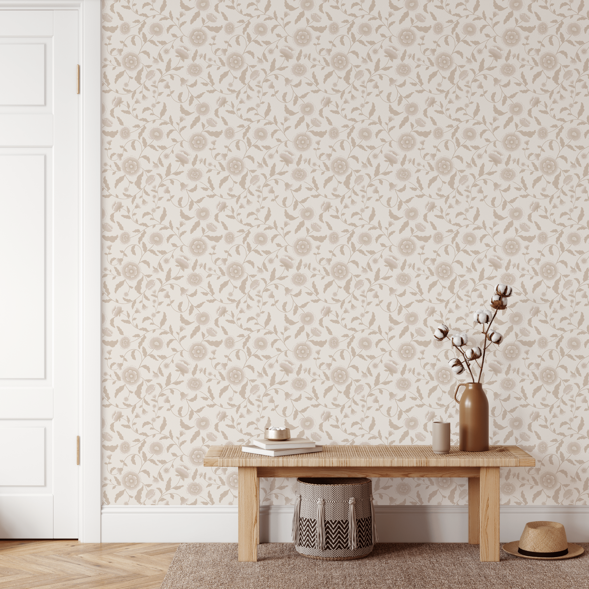 Neutral home decor with faded blush floral peel and stick wallpaper, adding a romantic touch with its soft floral pattern.