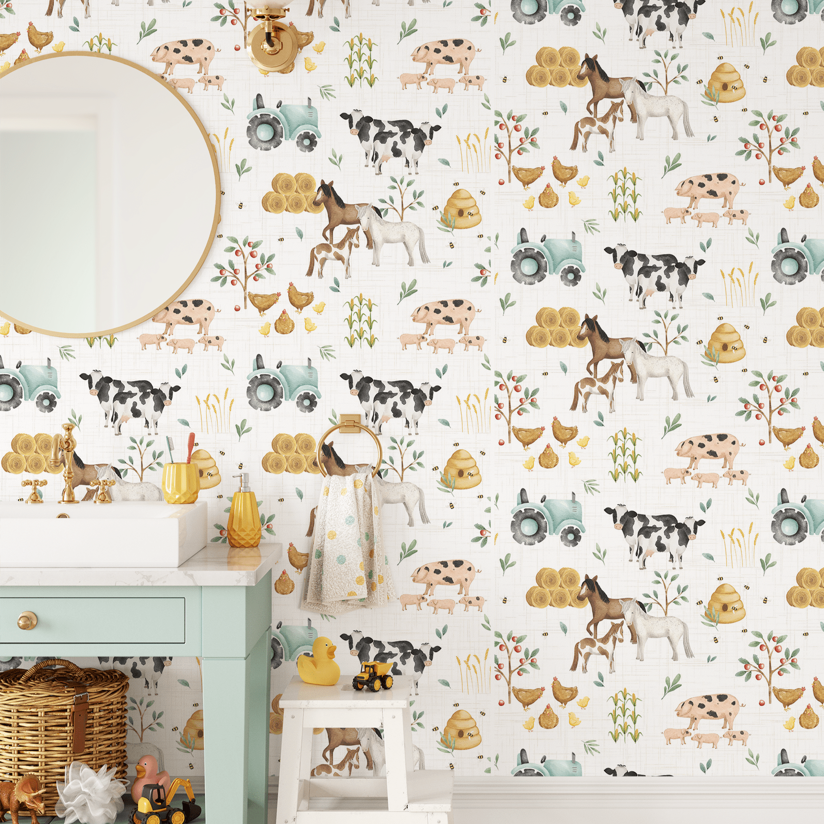 Farm animal wallpaper with cows, horses, pigs, chickens, bees, hay and tractors