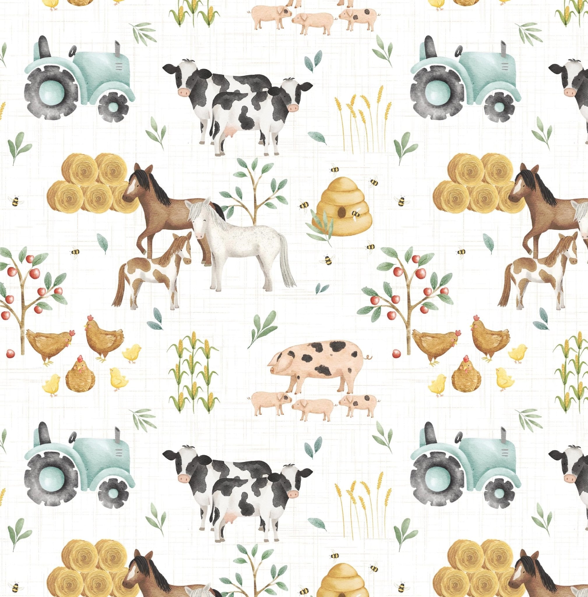 Tractor and Farm animal wallpaper with cows, horses, pigs, chickens, bees, hay and tractors