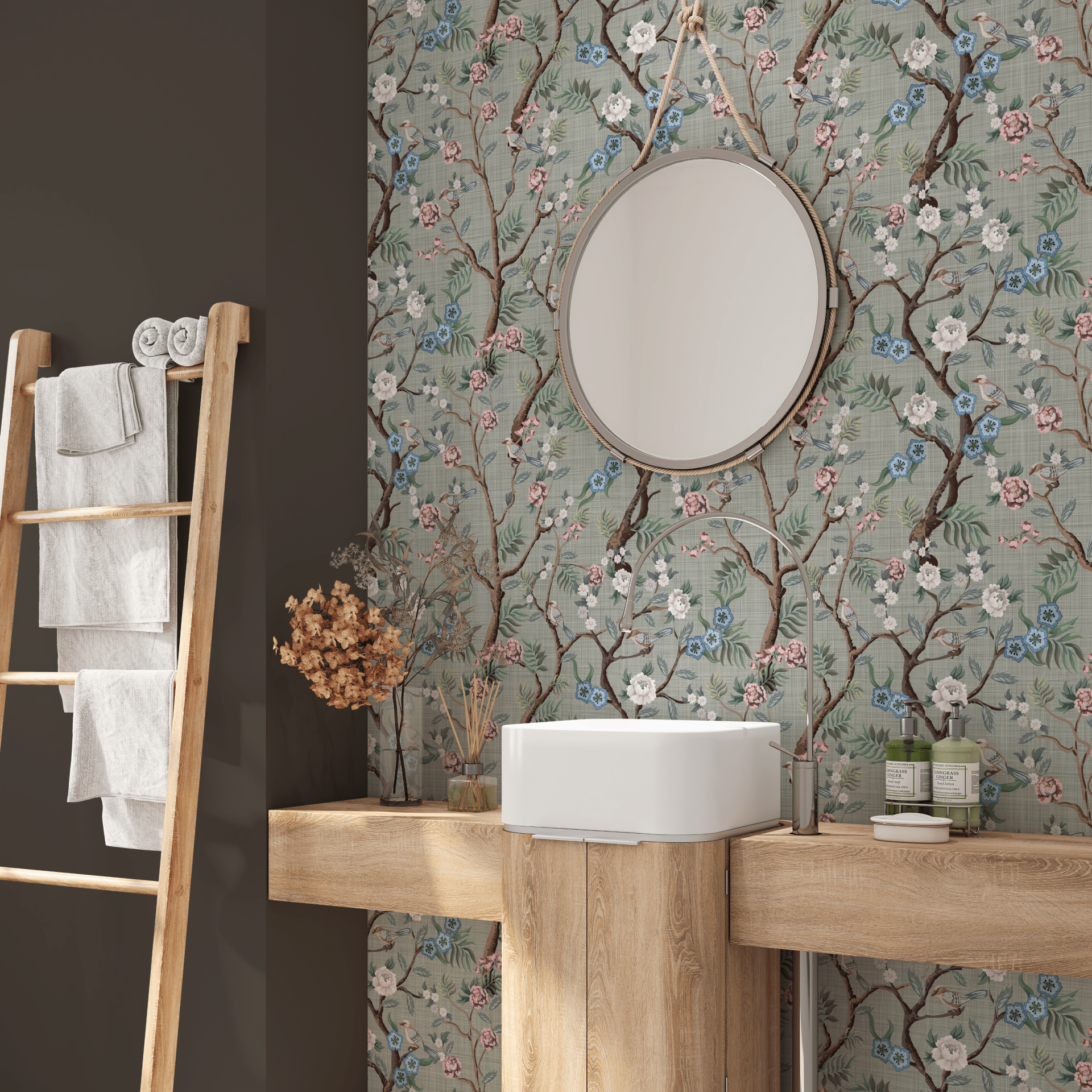 Elegant bathroom featuring peel and stick wallpaper with a classic Chinoiserie design of blossoming branches on a greenish-gray background