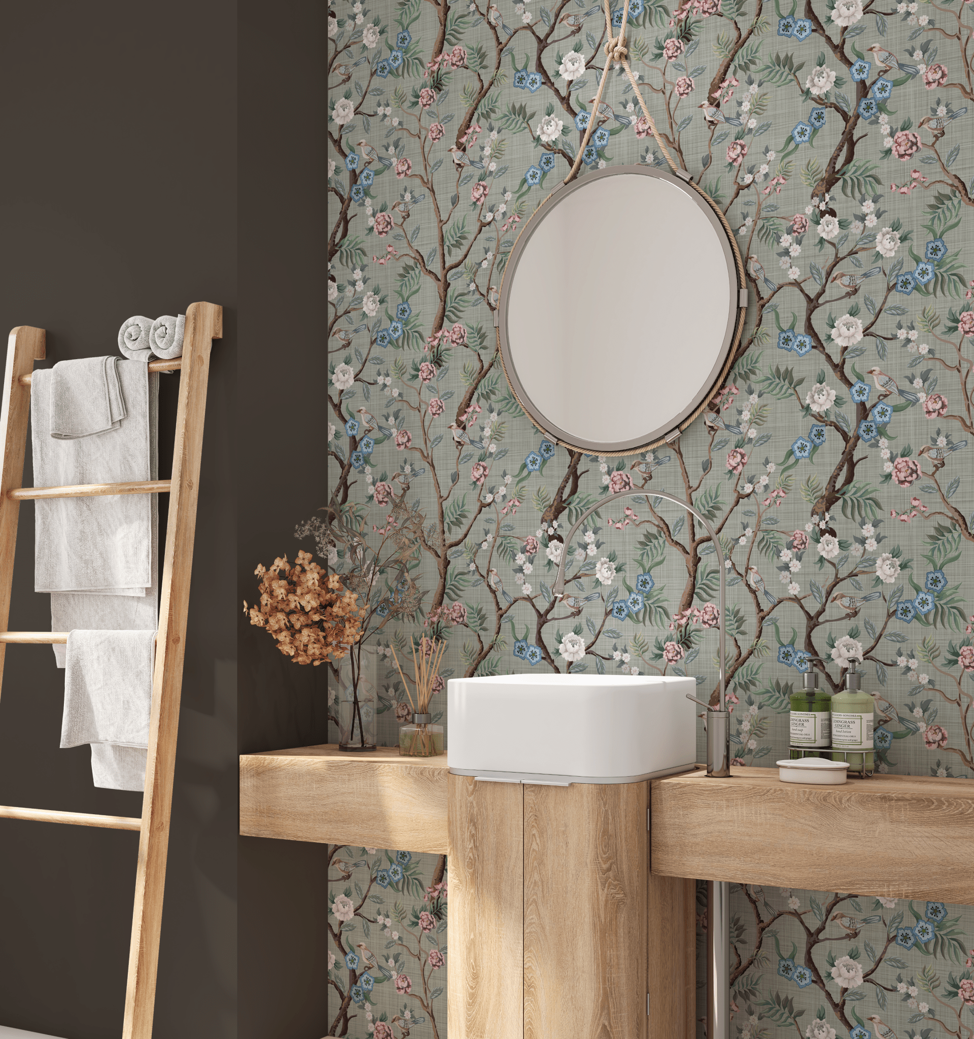 Elegant bathroom featuring peel and stick wallpaper with a classic Chinoiserie design of blossoming branches on a greenish-gray background