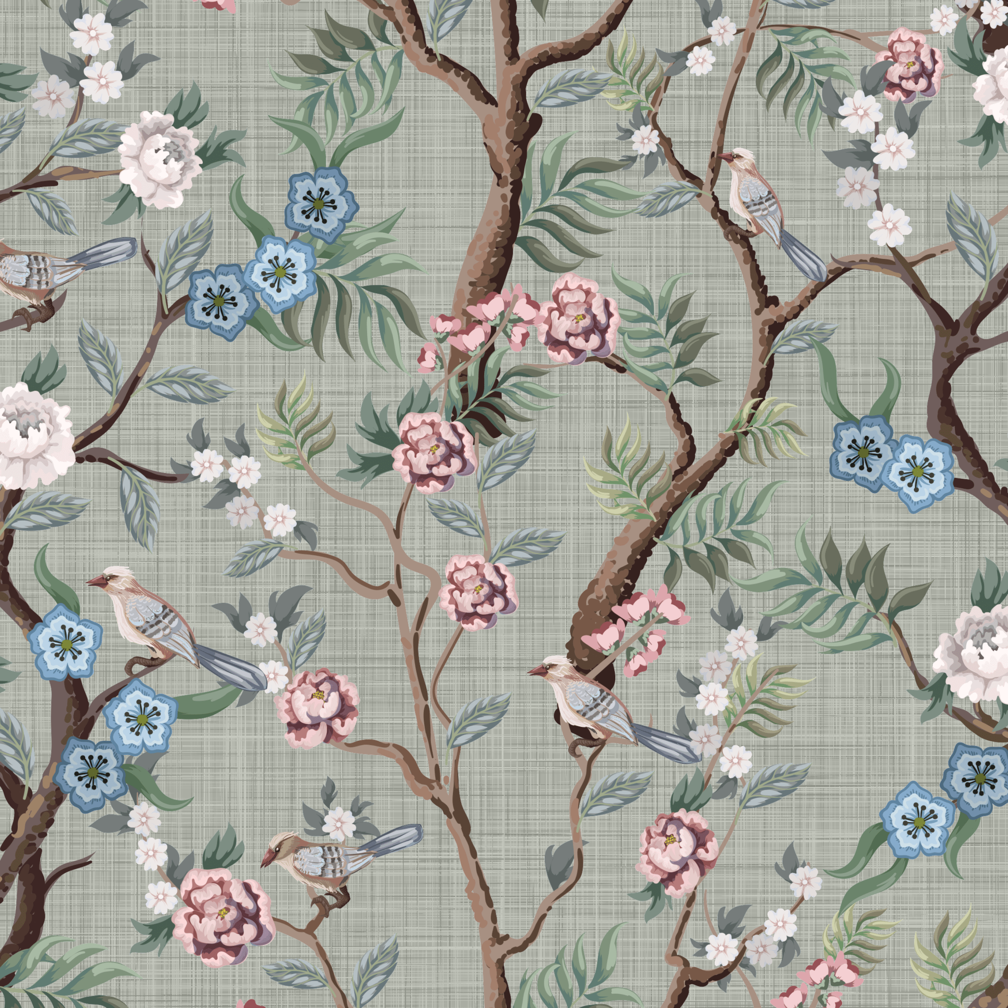 Wallpaper sample featuring chinoiserie design over grasscloth background
