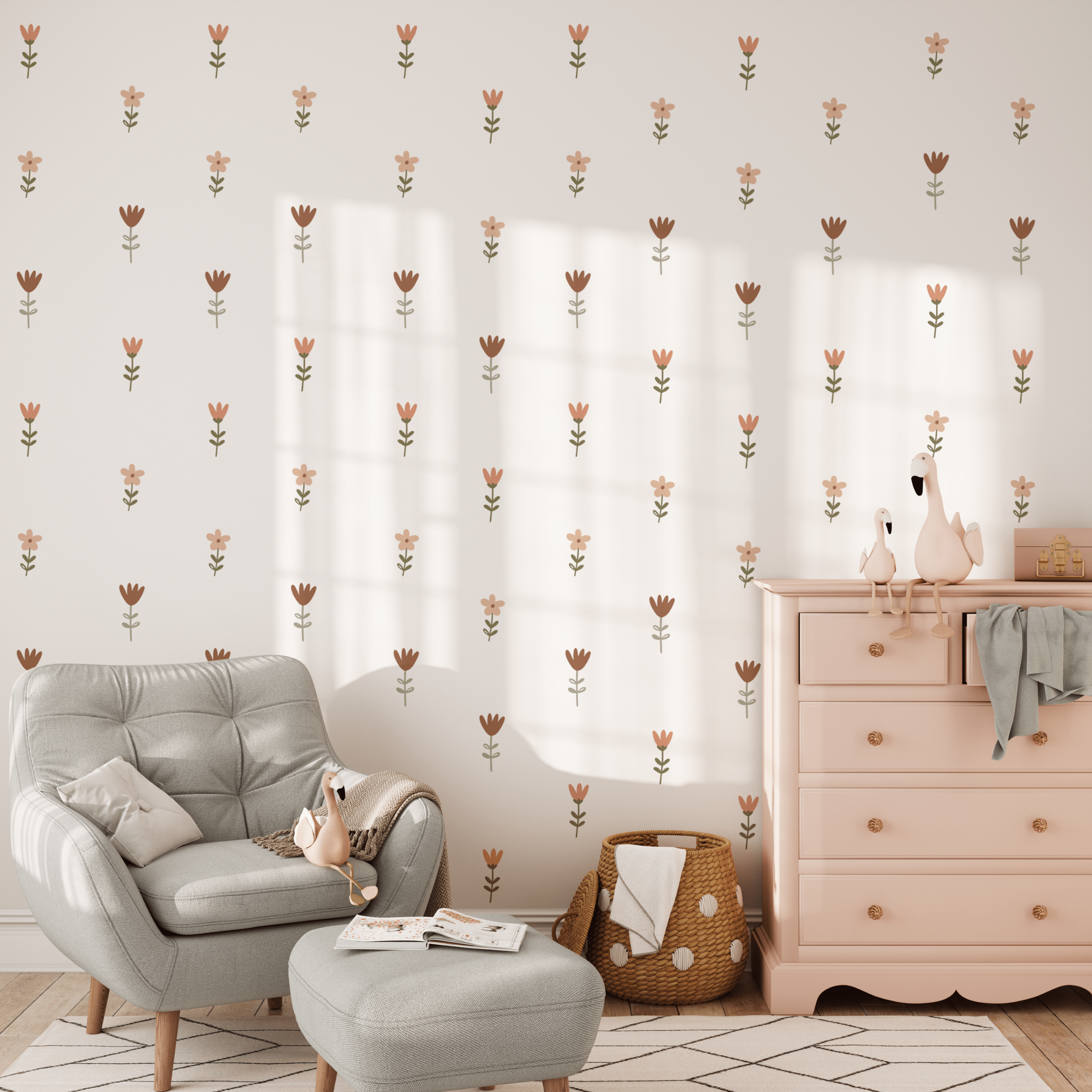 Nursery with soft pink and grey accents and small removable floral wall stickers