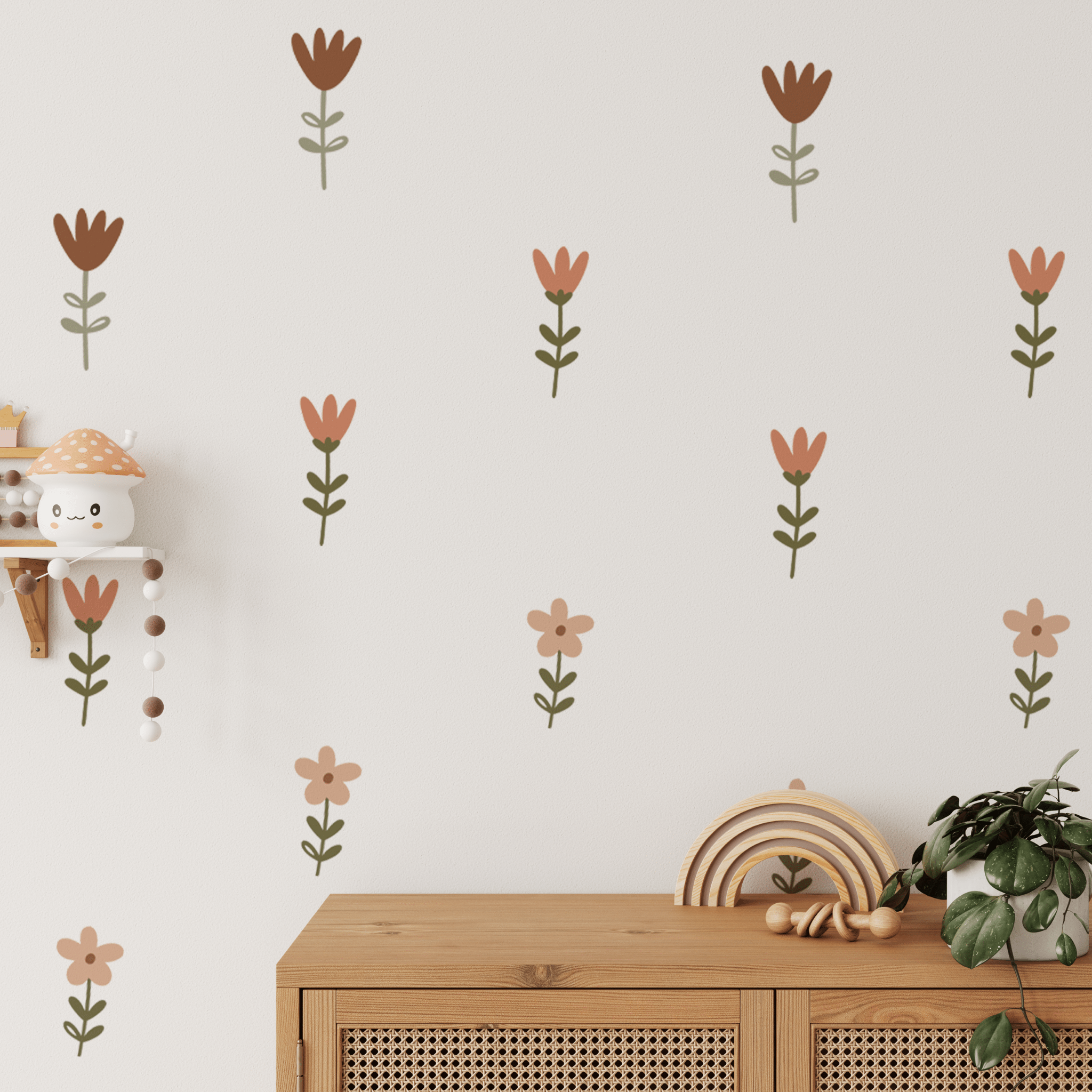 Small peel and stick folk flowers on a bedroom wall