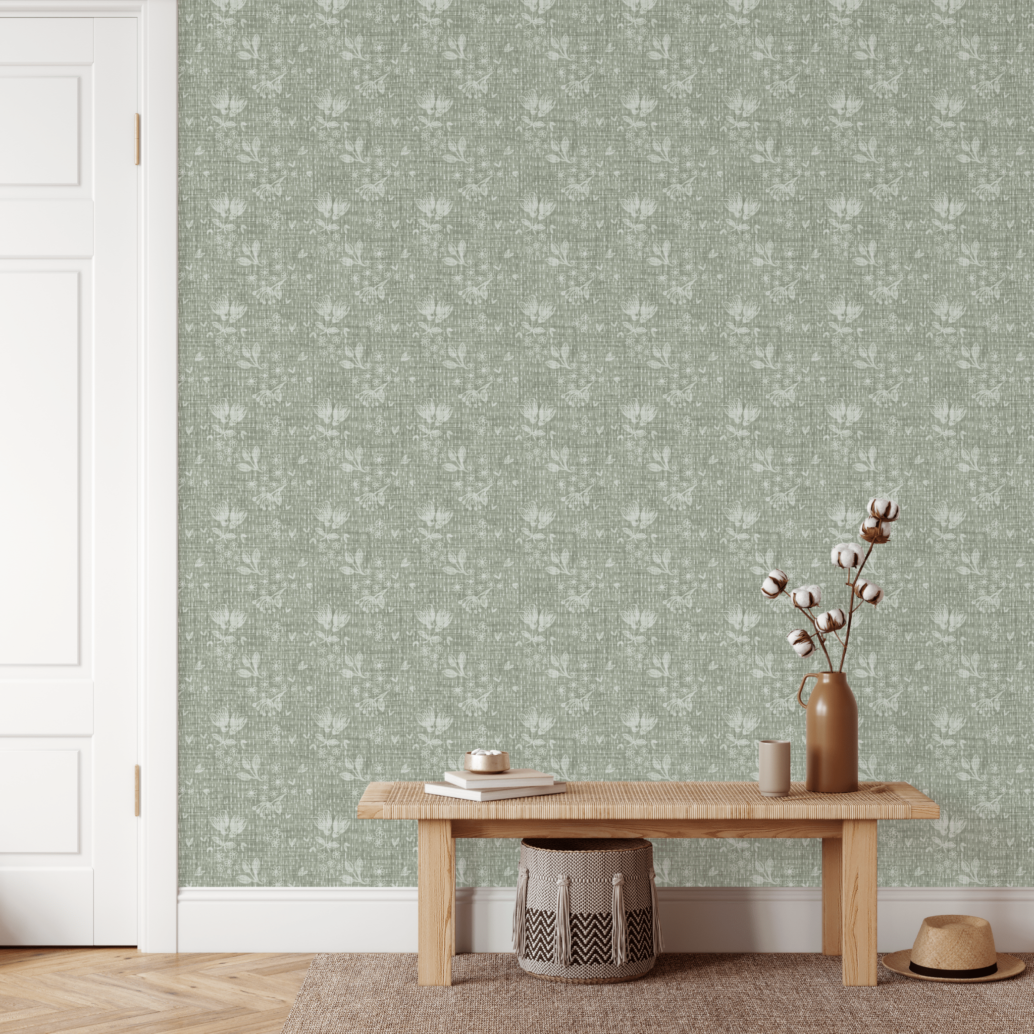 Forest Green wallpaper perfectly styled in a bohemian entry way, green wallpaper, green self adhesive wall paper