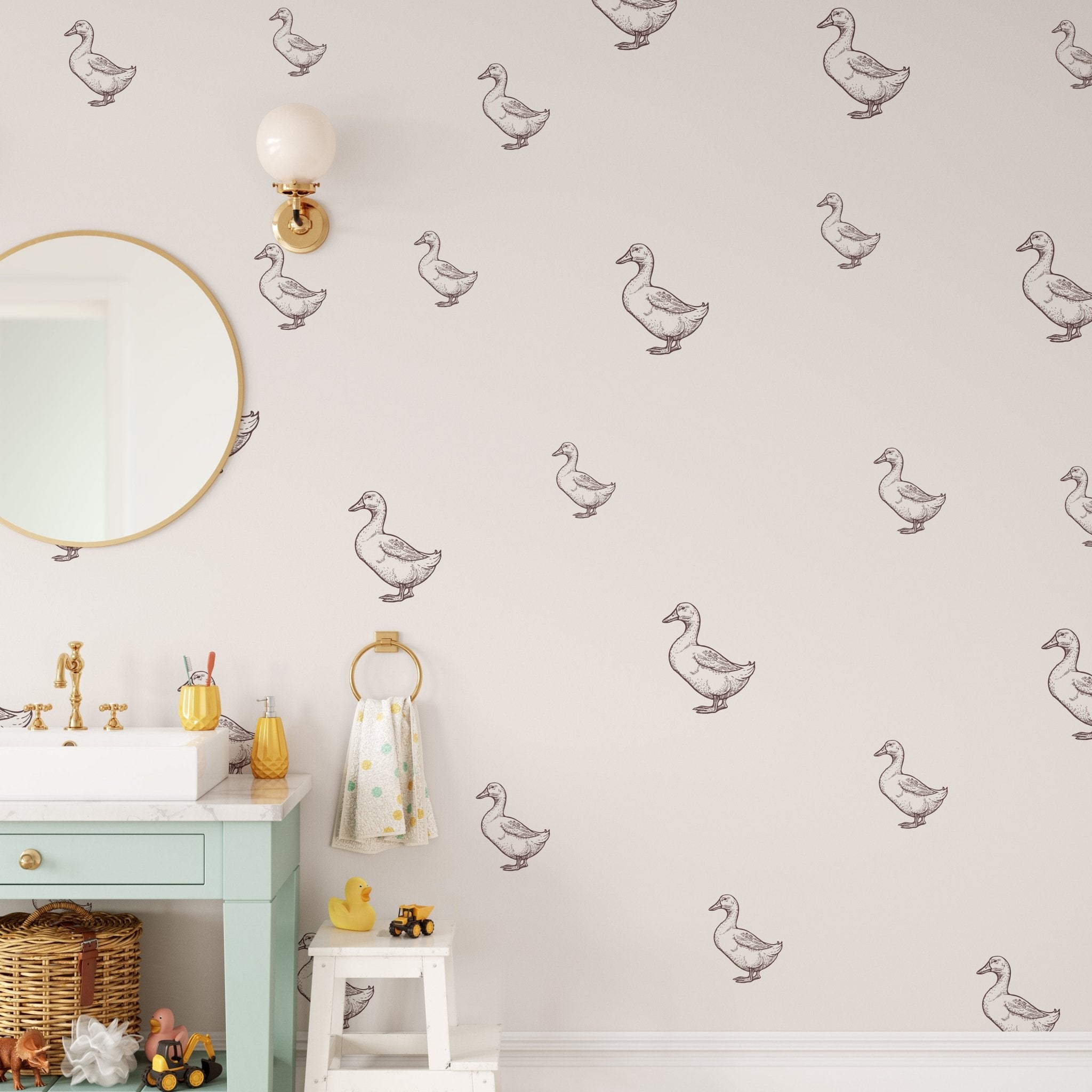 White and Black Goose Decals in a childs bathroom, peel and stick geese stickers