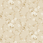 Elegant wallpaper design with cream and golden-hued flowers and delicate branches sprawling across a light beige background, offering a rich and sophisticated floral motif for interior decor