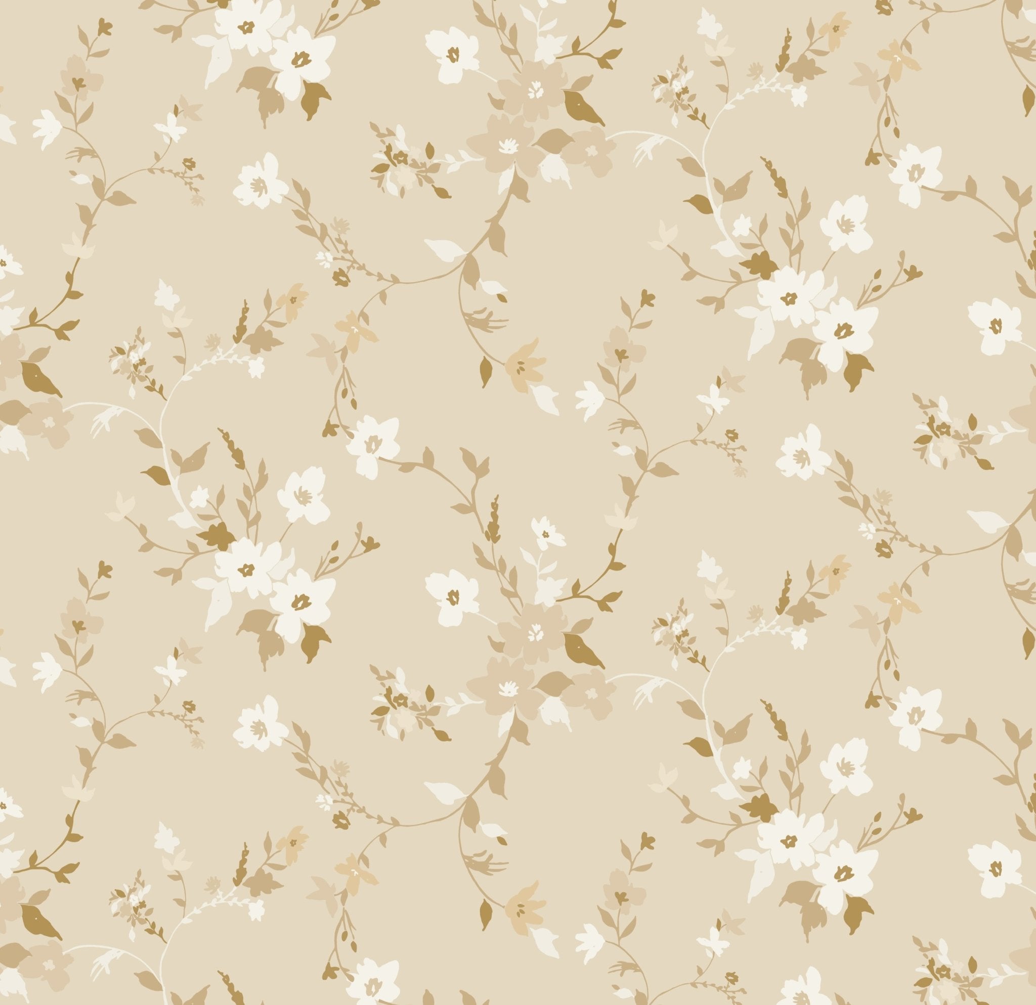 Elegant wallpaper design with cream and golden-hued flowers and delicate branches sprawling across a light beige background, offering a rich and sophisticated floral motif for interior decor