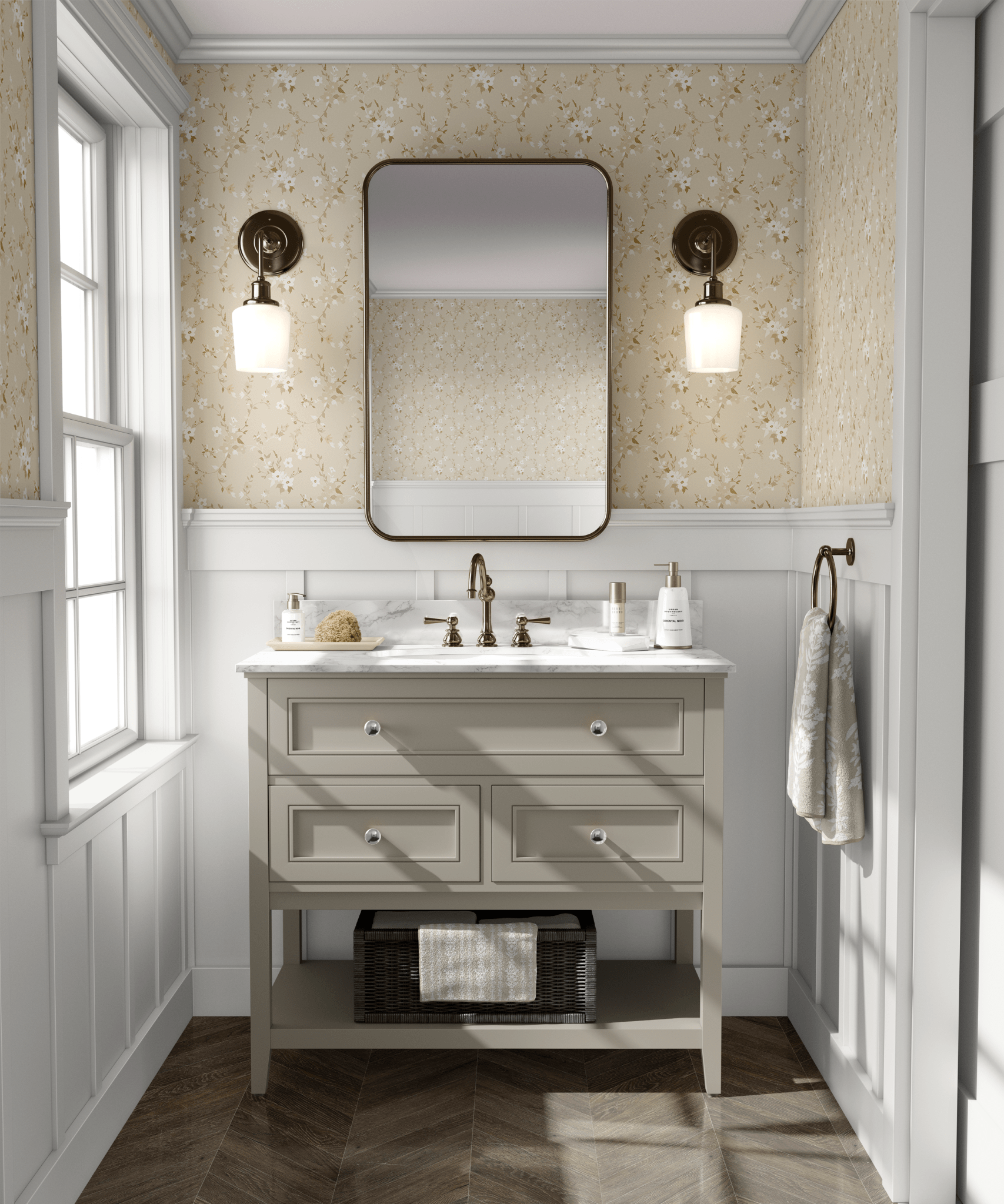 Bathroom featuring golden floral peel and stick wallpaper with elegant white wainscoting and a classic vanity.