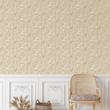 Golden florals against a neutral background create a timeless wallpaper perfect for sophisticated interior settings.