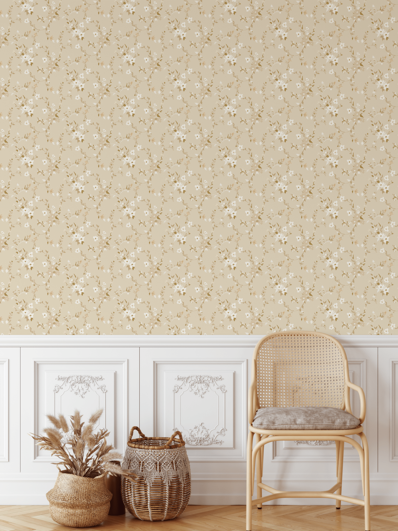 Golden florals against a neutral background create a timeless wallpaper perfect for sophisticated interior settings.