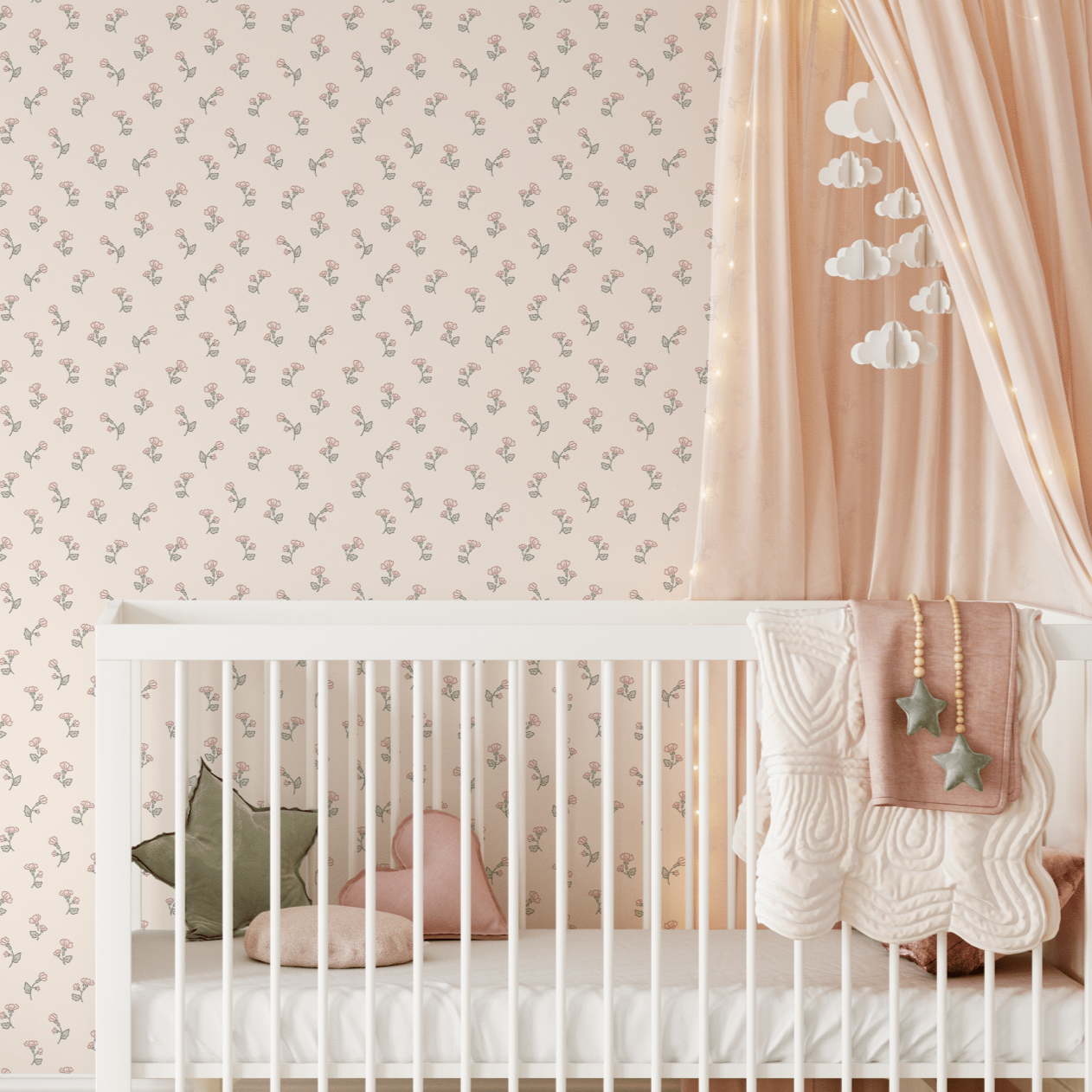 Nursery adorned with floral wallpaper, crib, canopy, and soft furnishings.