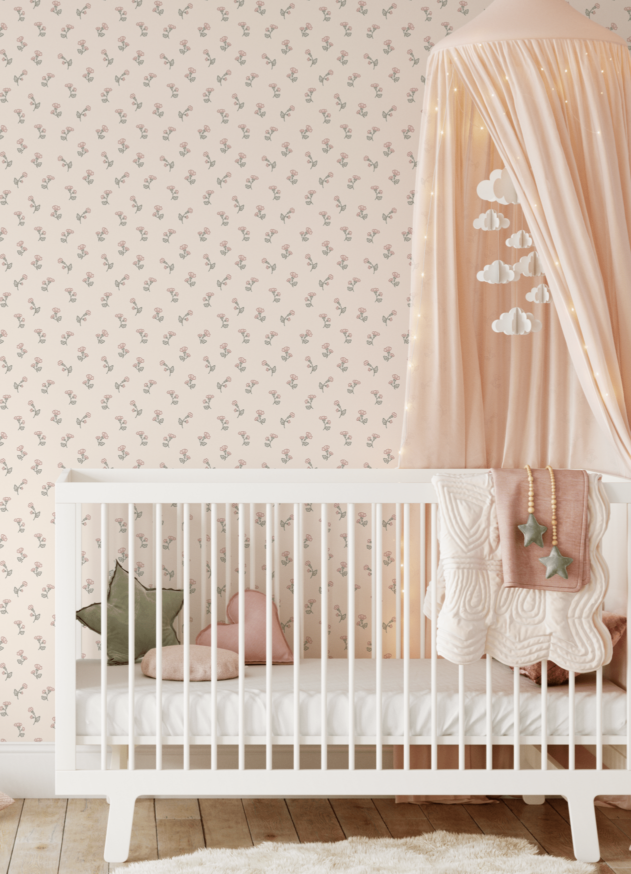 Nursery adorned with floral wallpaper, crib, canopy, and soft furnishings.