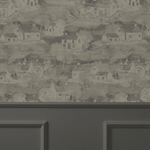 Detail of neutral wallpaper featuring vintage home scenes, ideal for a timeless interior decor.