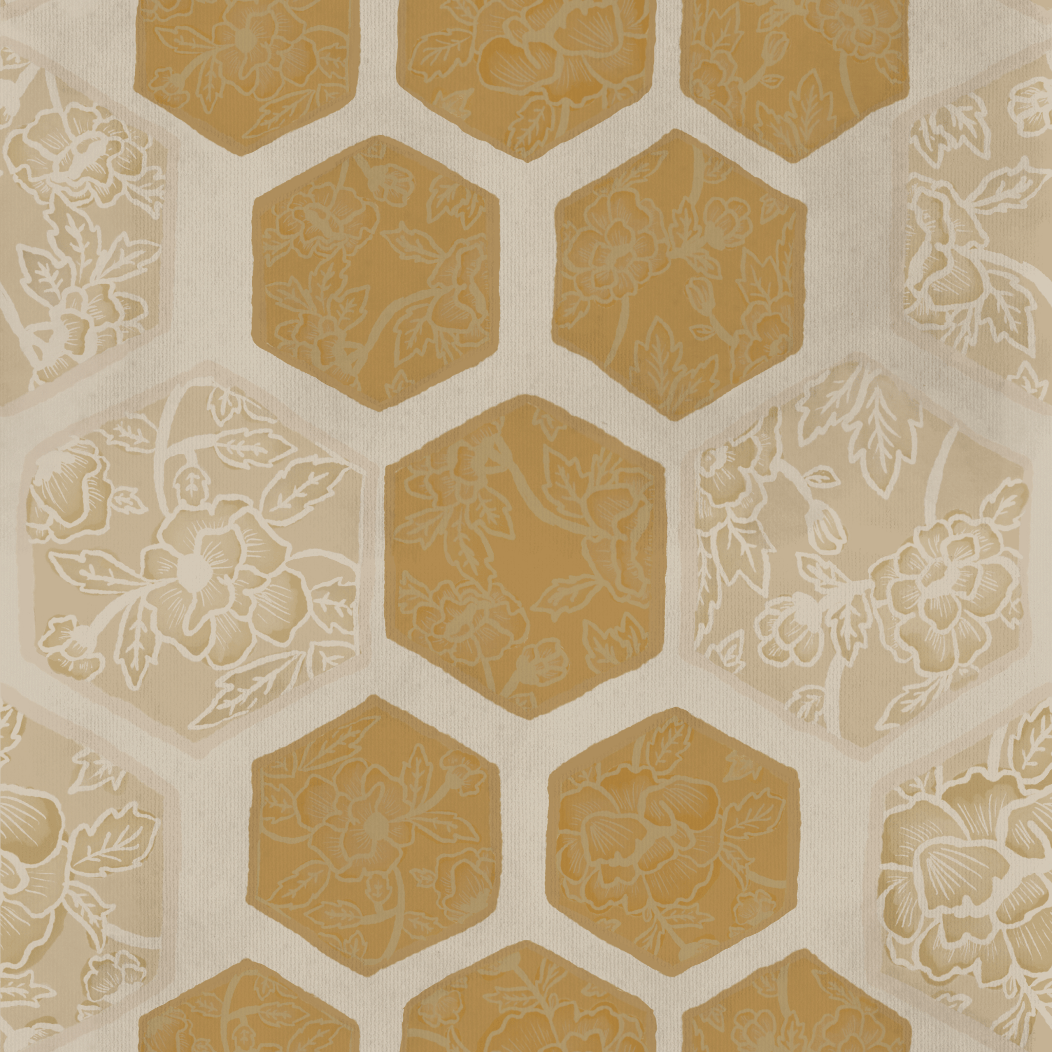 Close-up of honeycomb flower wallpaper with a pattern of beige and gold hexagons, each with intricate floral motifs, creating a warm and stylish aesthetic