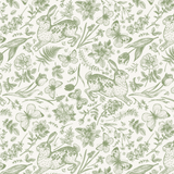 Eco-chic green and white botanical peel and stick wallpaper sample, featuring playful rabbits and delicate butterflies amongst lush garden flora, perfect for creating a serene, nature-inspired ambiance