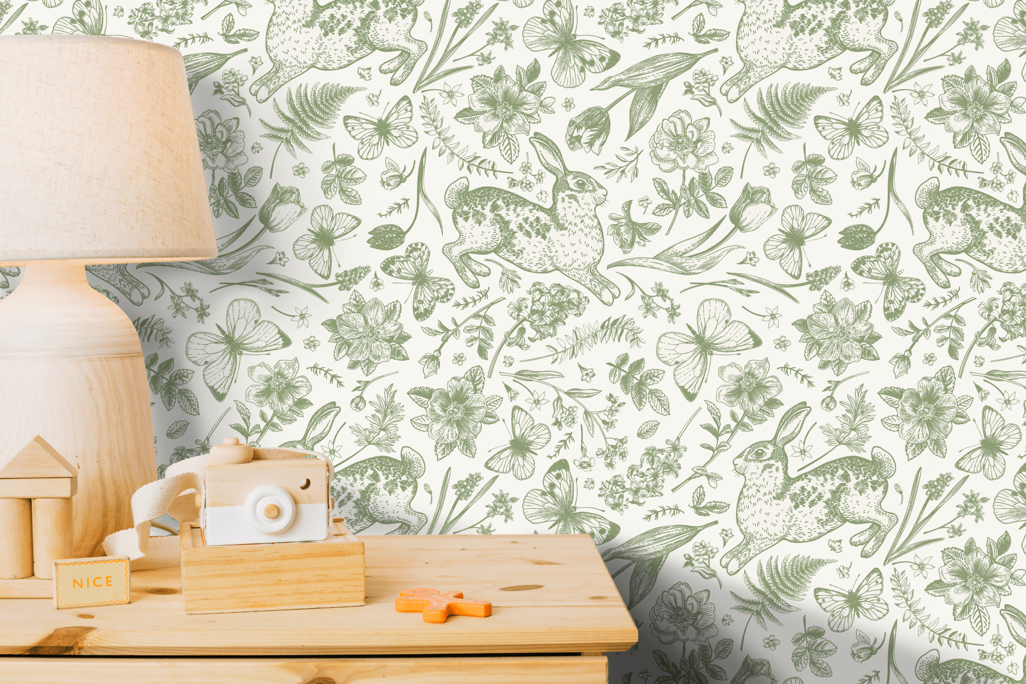 Sustainable and vibrant green peel and stick wallpaper with a botanical garden theme, displaying rabbits and butterflies amidst an array of ferns and clover, ideal for an eco-friendly home decor update