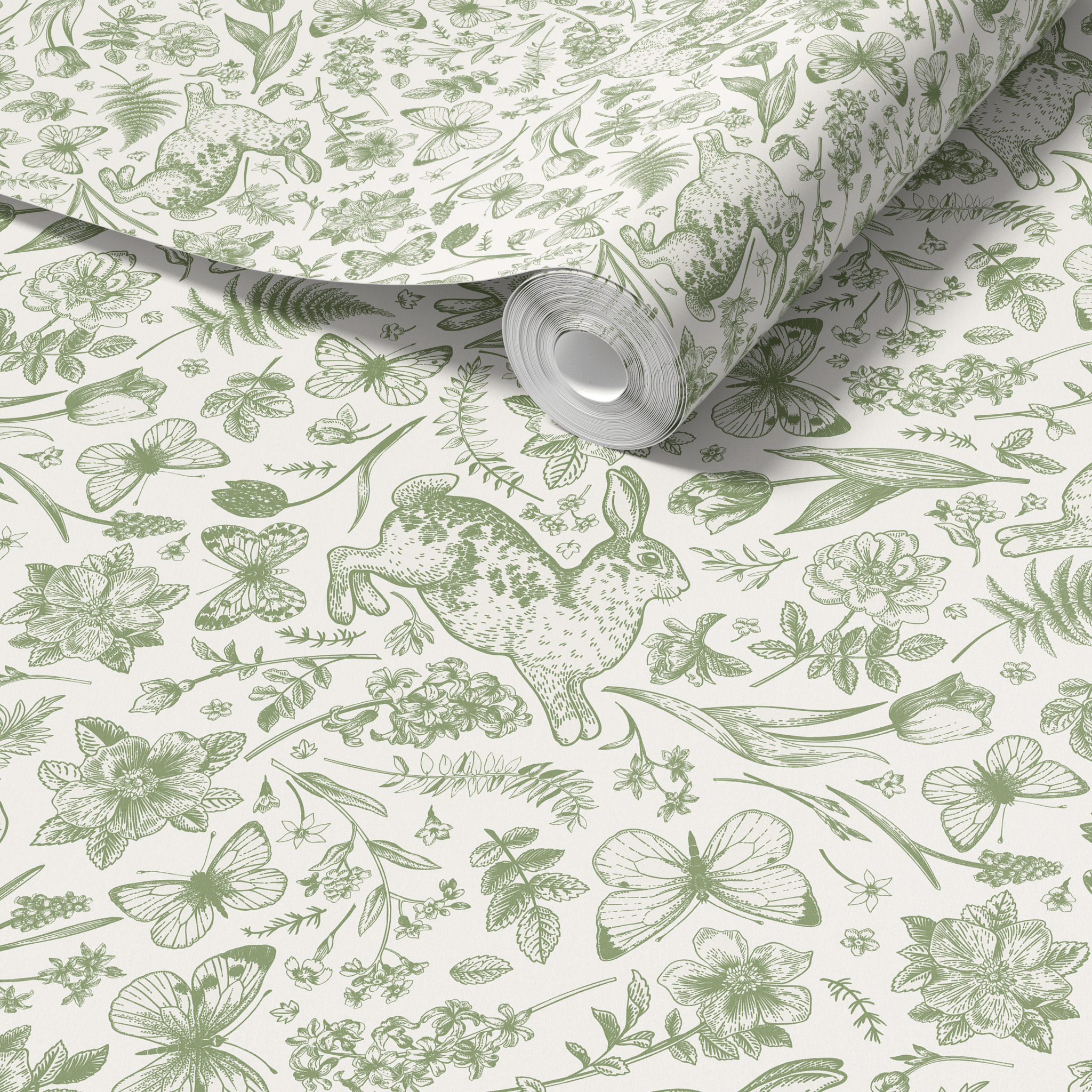 Designer wallpaper featuring a nature-inspired print with rabbits and botanicals, ideal for a fresh and vibrant home interior upgrade
