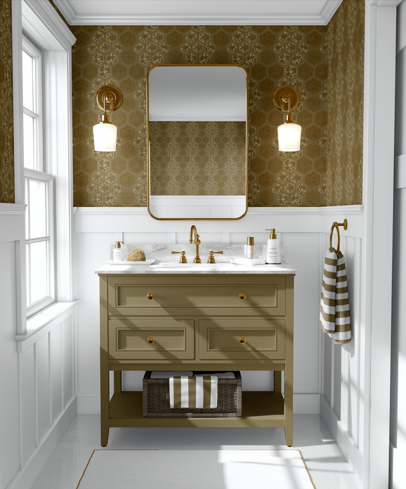 peel and stick removable midcentury wallpaper in brass bathroom