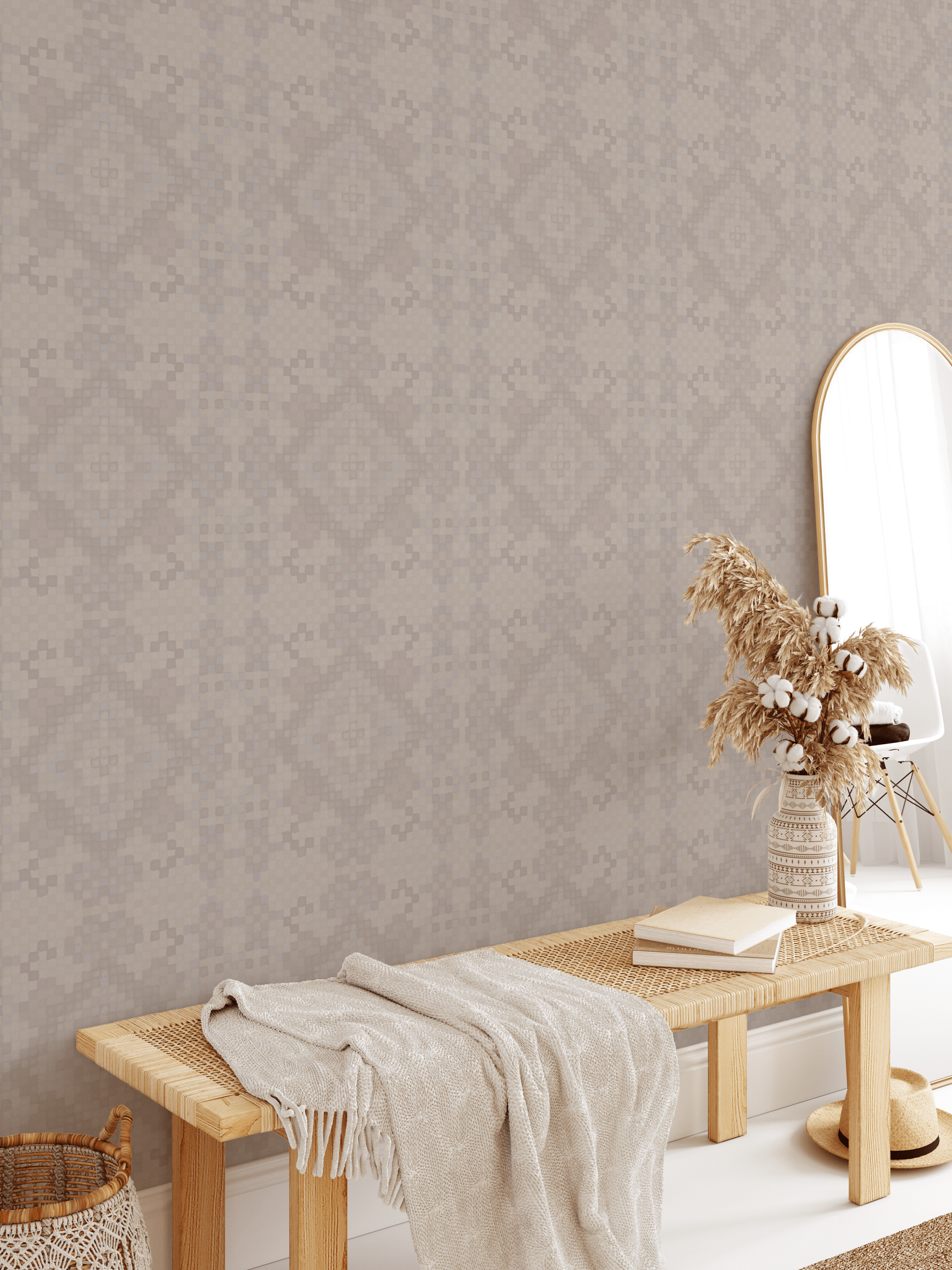 Moroccan tile design removable wallpaper for a bohemian style space 