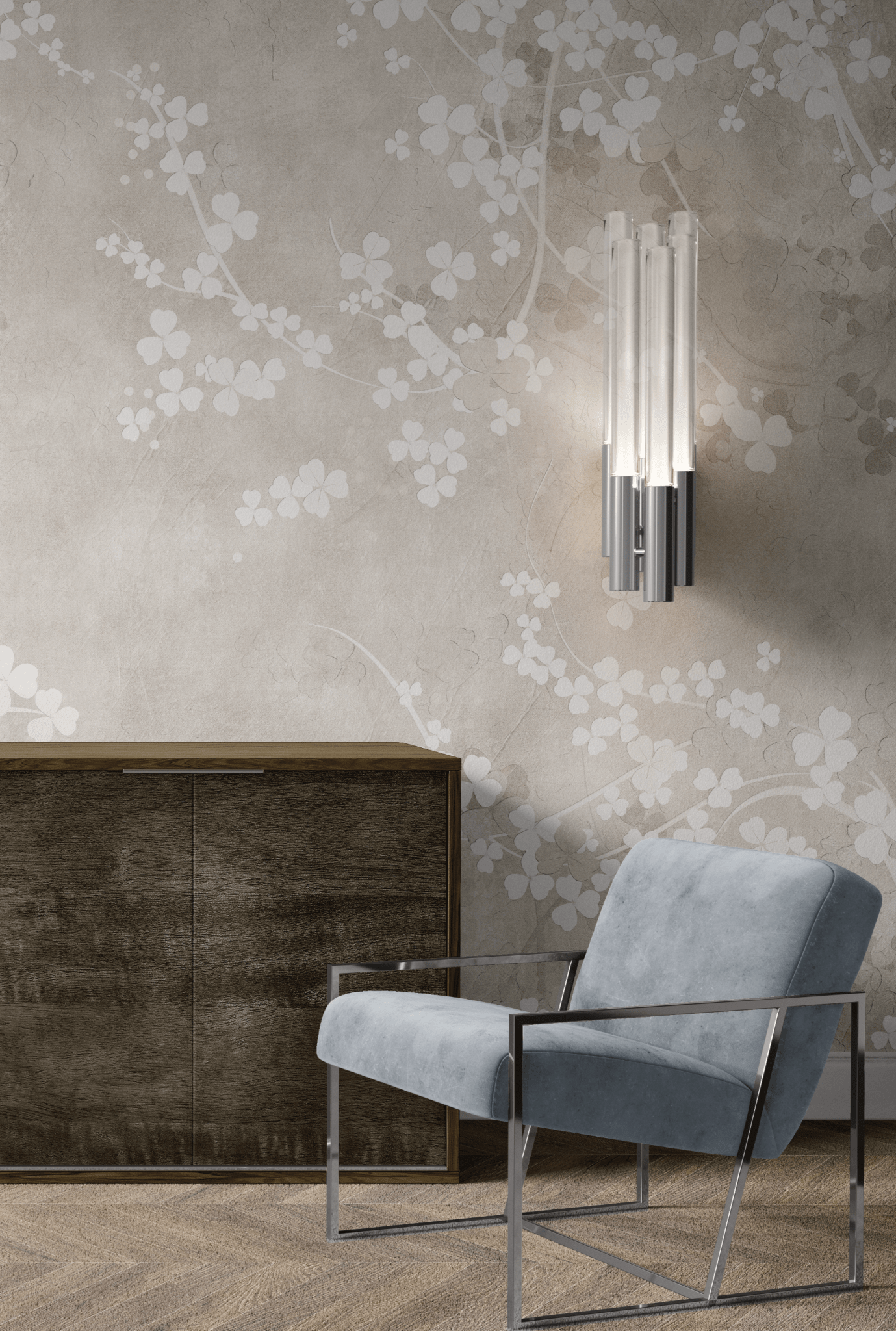 A contemporary room with a neutral beige fresco wall mural featuring a floral design, paired with a sleek blue armchair and a modern vertical light fixture above a wooden cabinet.