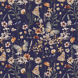 Navy Blue wallpaper with flowers and butterflies sample