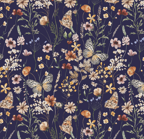 Navy Blue wallpaper with flowers and butterflies sample