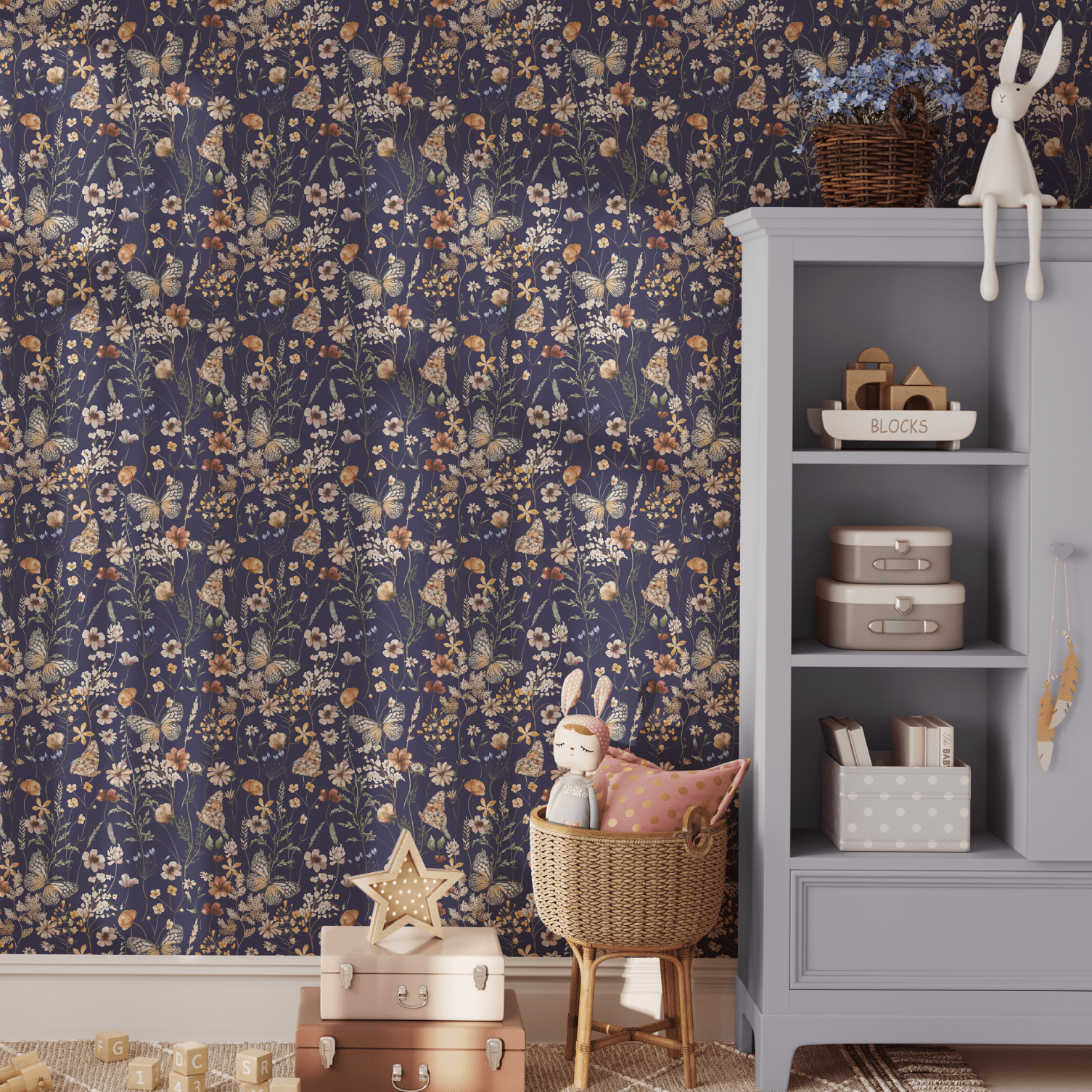 Butterfly and flower wallpaper with a navy blue backdrop