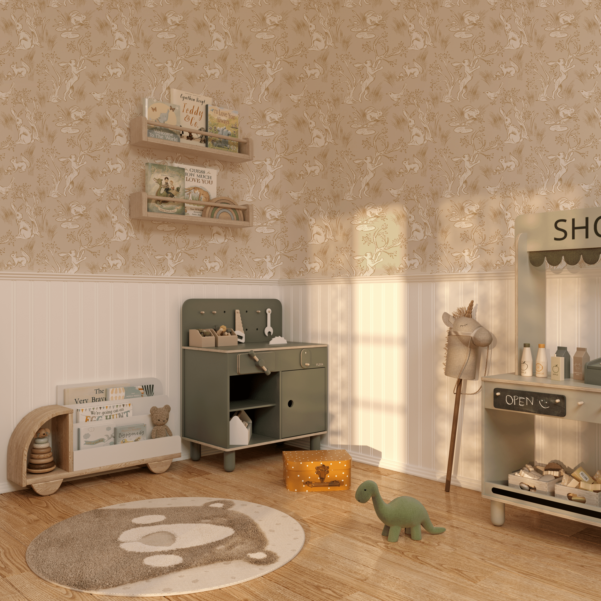 A cozy nursery room with removable beige wallpaper featuring playful woodland animals, wooden toys, and a whimsical shop playset