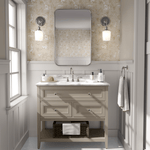 A serene bathroom with self-adhesive wallpaper showcasing a beige woodland animal pattern, grey vanity, and marble countertop