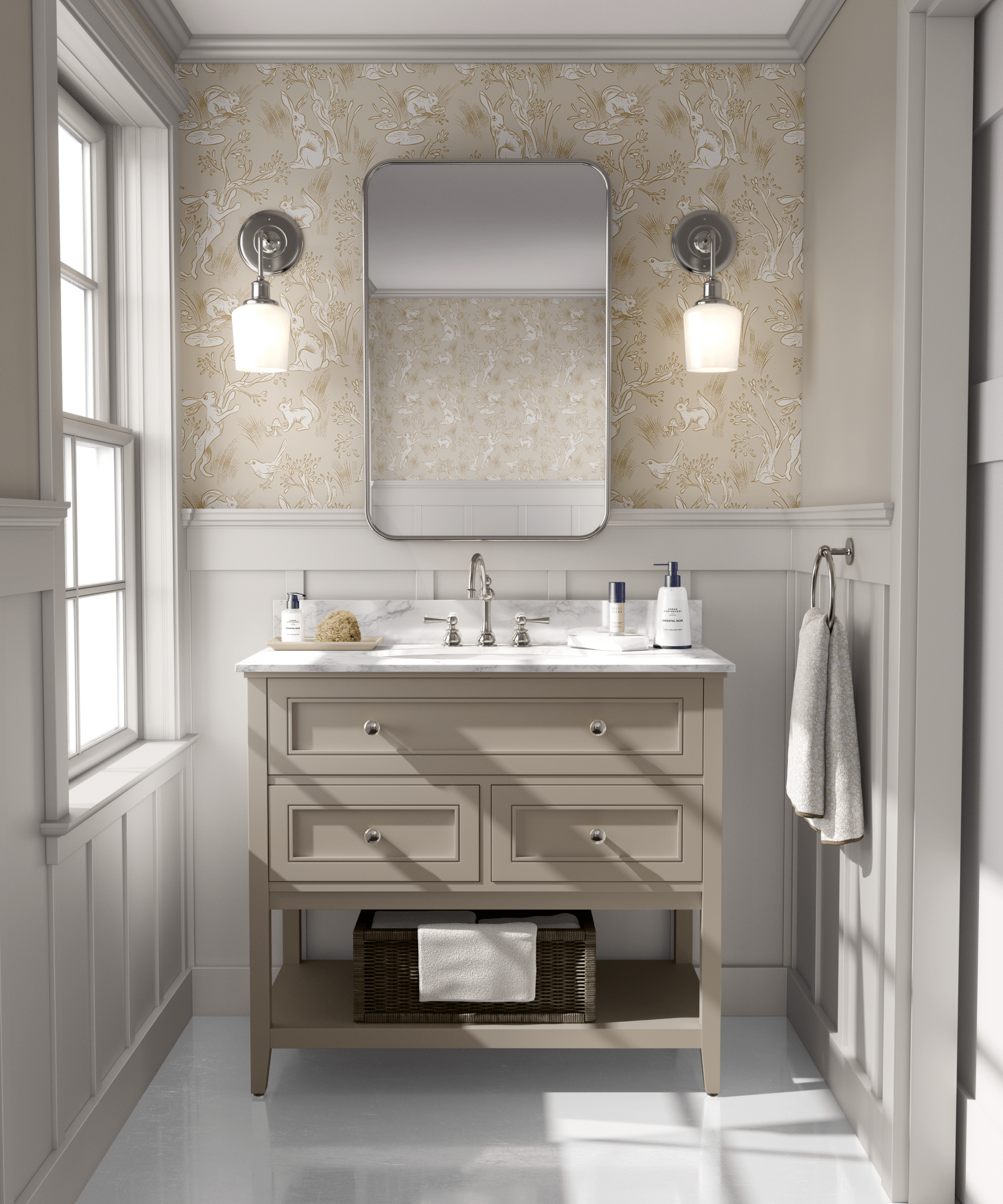 A serene bathroom with self-adhesive wallpaper showcasing a beige woodland animal pattern, grey vanity, and marble countertop