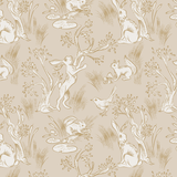 A sample of neutral nursery self-adhesive wallpaper with a hand-drawn design of woodland creatures and plants in beige tones