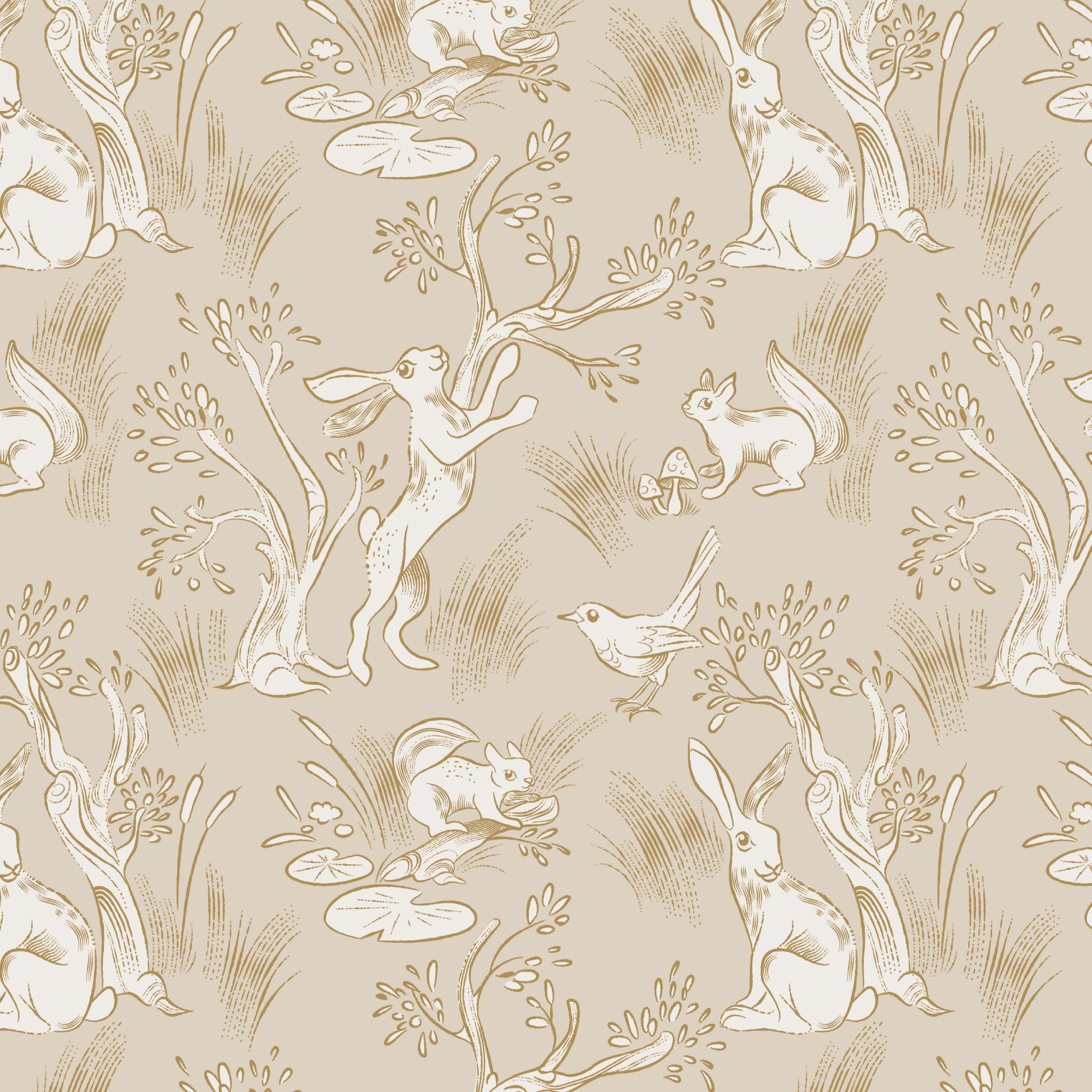 A sample of neutral nursery self-adhesive wallpaper with a hand-drawn design of woodland creatures and plants in beige tones