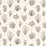Seamless pattern wallpaper with pastel-colored flowers and greenery on a light background.