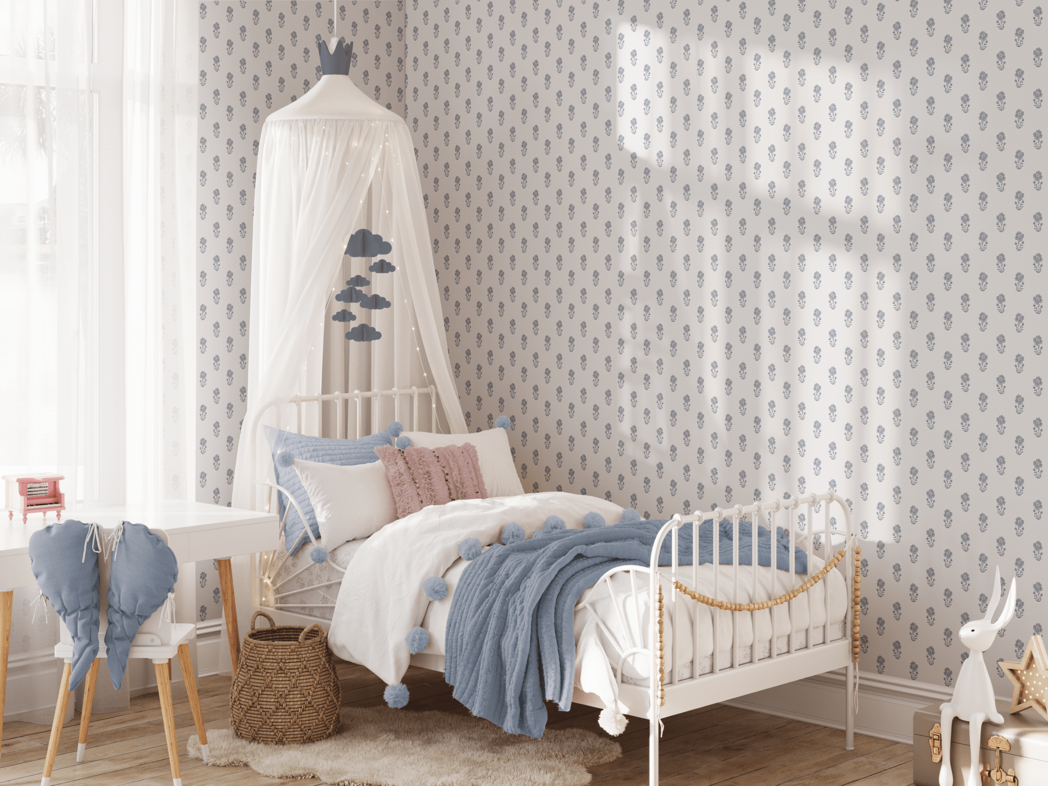 A child's bedroom featuring high-quality wallpaper with a hydrangea pattern. There's a white bed with a canopy, blue accents, and playful decor.