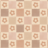 Geometric patterned wallpaper with dusty rose and beige floral check design in a cozy interior setting