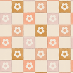 Soft pastel-colored wallpaper featuring pink, beige, and white checkered background with flower accents