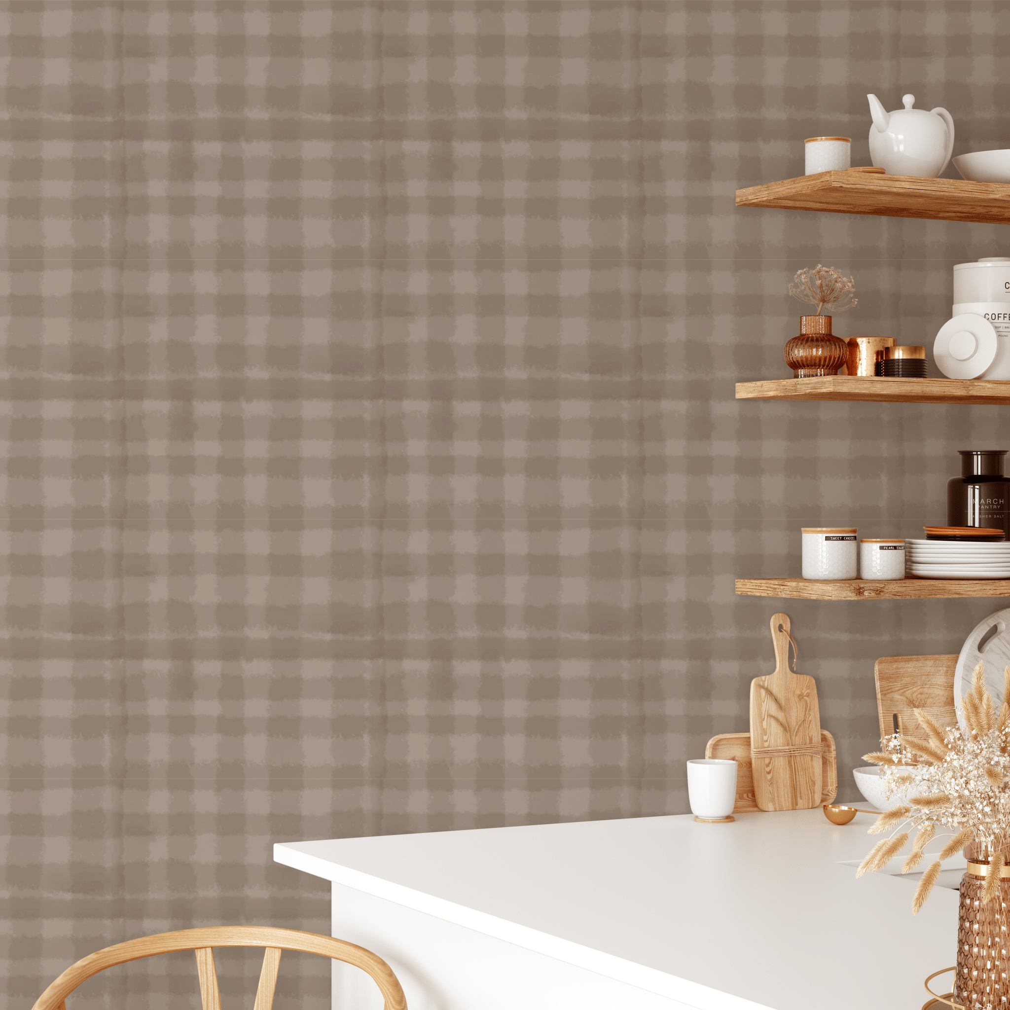 Tan Plaid Gingham design on peel and stick wallpaper for kitchen decor