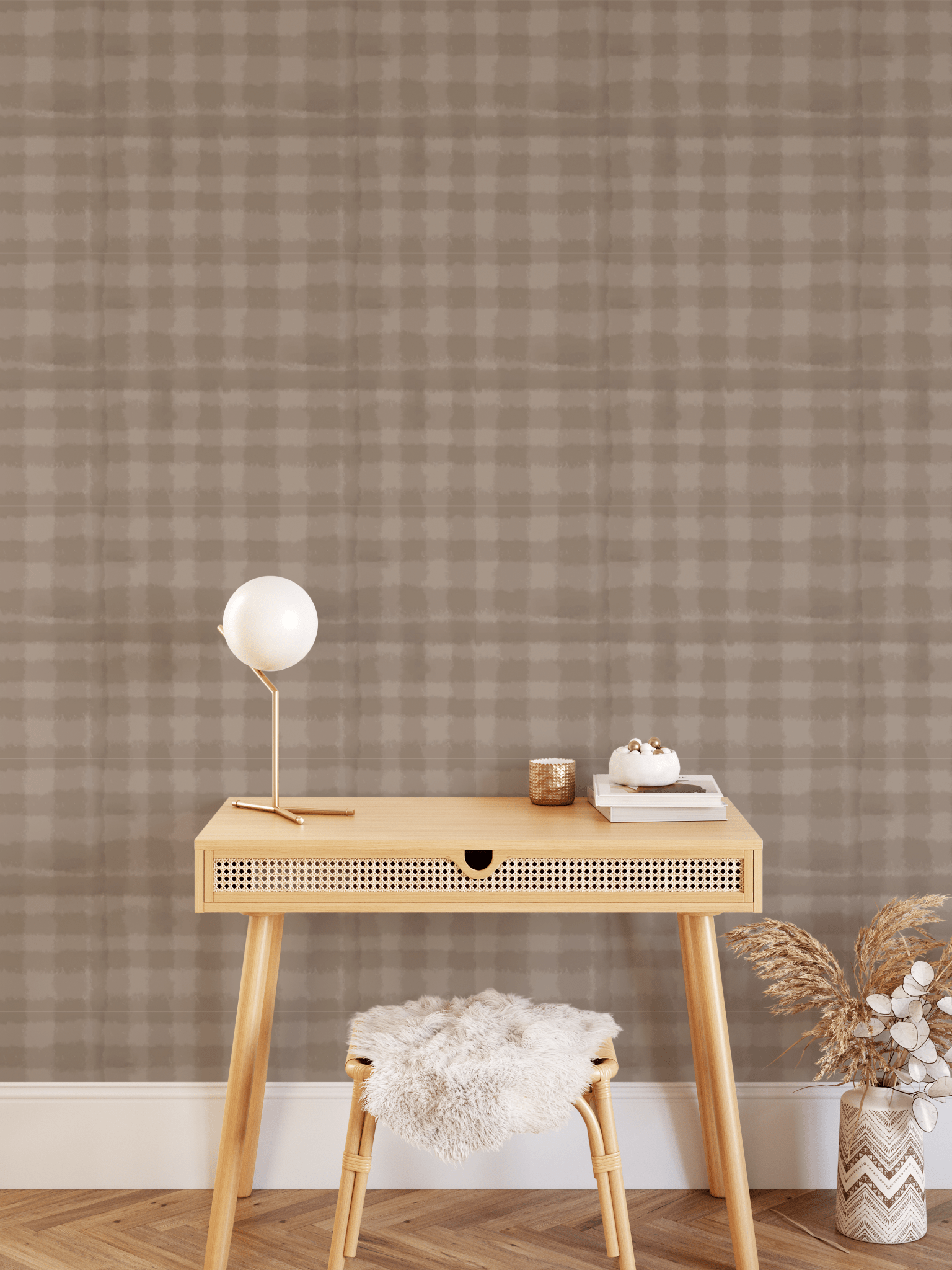Office space with natural decor and plaid gingham removable self adhesive wallpaper