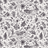 Sample image of black and white hand-drawn style peel and stick wallpaper showcasing a detailed pattern with rabbits, butterflies, tulips, and various botanical elements