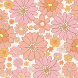 Seamless pattern sample of retro floral wallpaper with a variety of pink and orange flowers, perfect for adding a touch of vintage charm to any room.