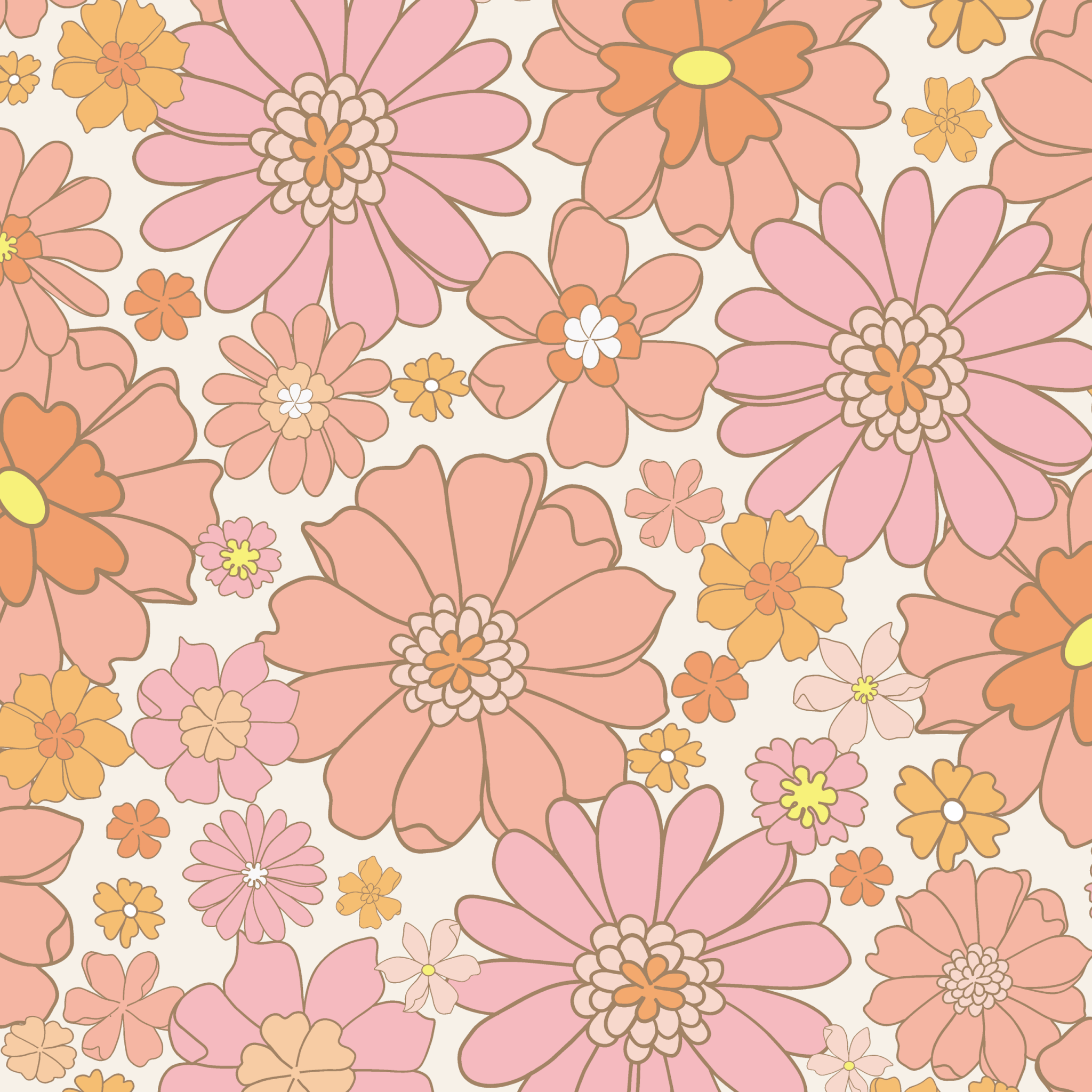 Seamless pattern sample of retro floral wallpaper with a variety of pink and orange flowers, perfect for adding a touch of vintage charm to any room.