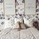 Girls bedroom, spring purple with neutral linens with purple floral peel and stick removable wallpaper