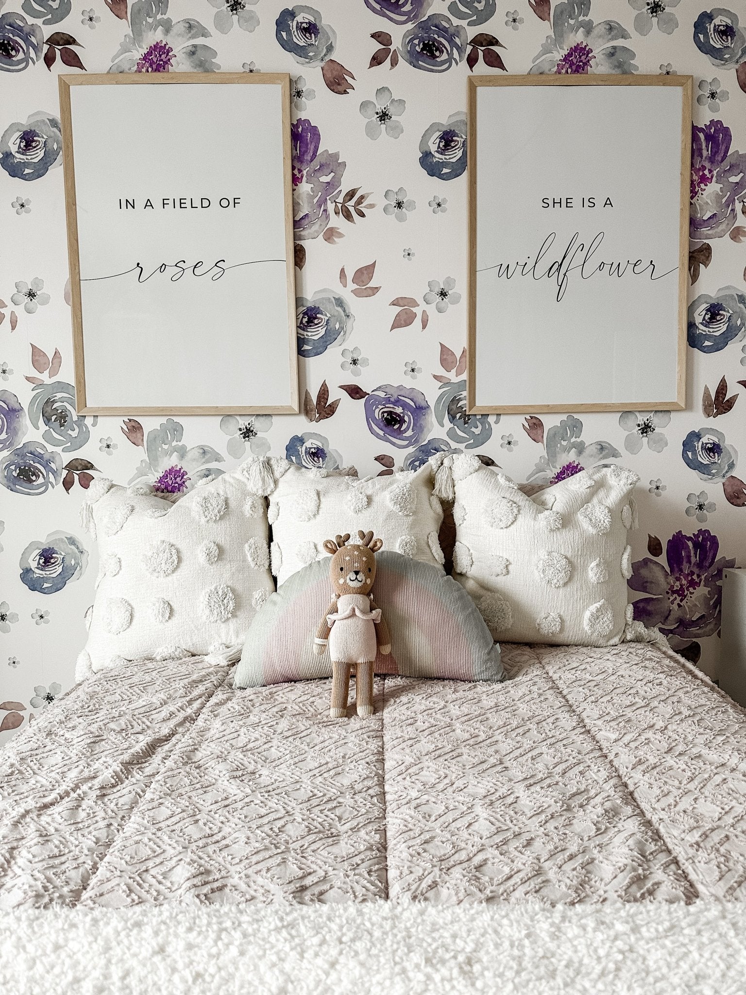 Girls bedroom, spring purple with neutral linens with purple floral peel and stick removable wallpaper