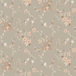 wallpaper pattern with pastel pink and brown rustic flowers intertwined with soft white branches on a taupe background, creating a warm, vintage aesthetic for wall covering