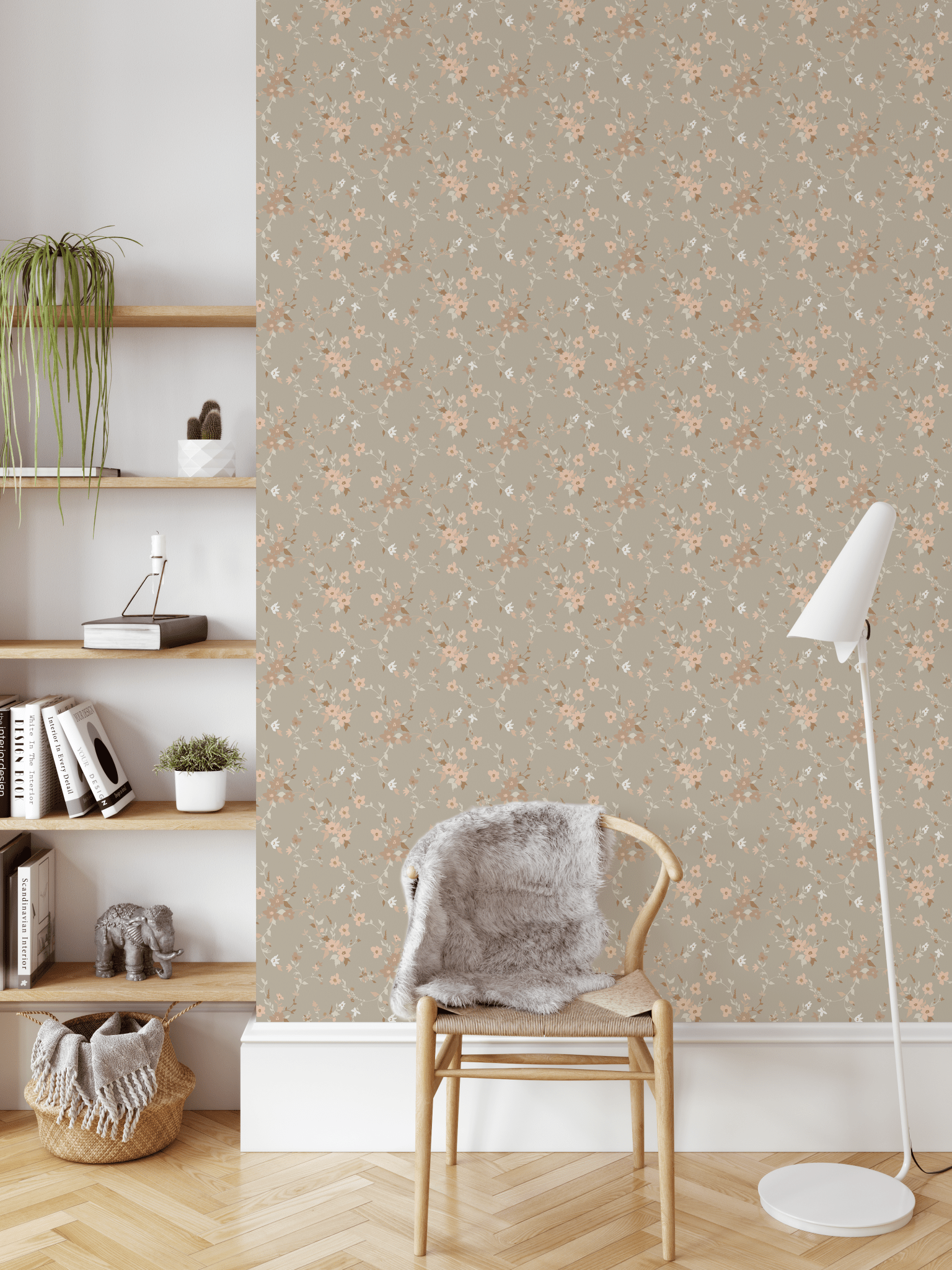 Rustic floral peel and stick wallpaper adding a touch of country charm to a minimalist study with floating shelves.